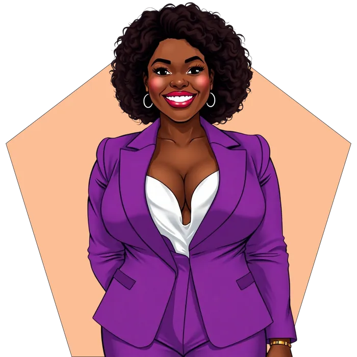 Illustrated founder in a purple suit smiling with confidence